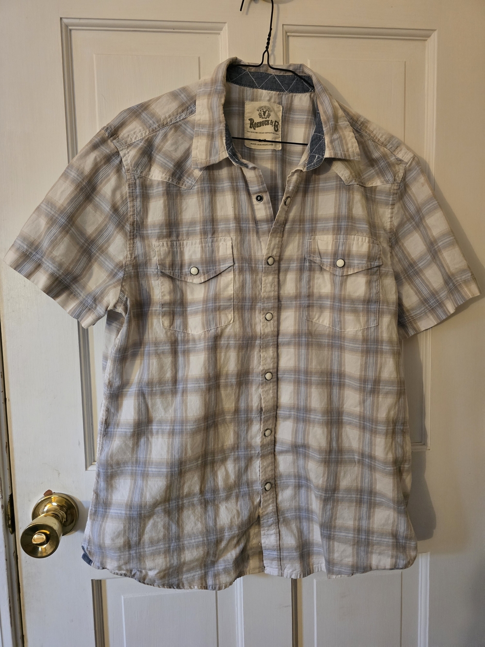 Roebuck & Co. Men's Short-Sleeve Western Style Plaid Button-Down Shirt Size L
